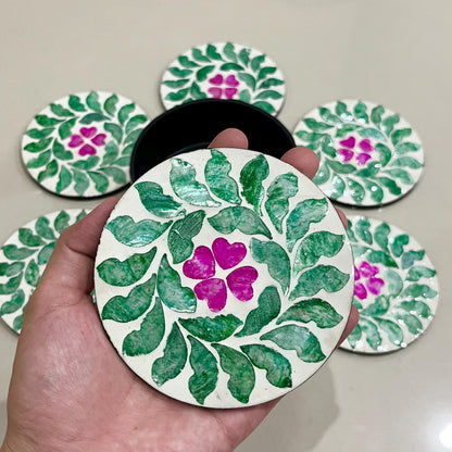 Floral Capiz Shell Coaster Set with Holder – Handmade Decorative Drink Coasters