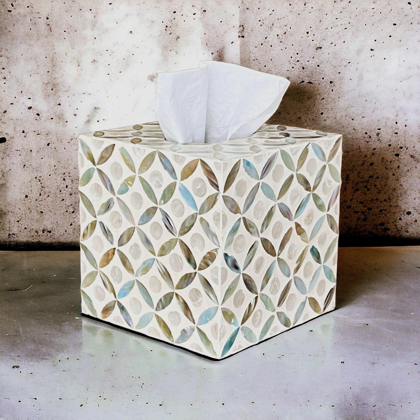 Square Mother of Pearl & Capiz Shell Tissue Box Cover – Ivory Geometric Floral Design