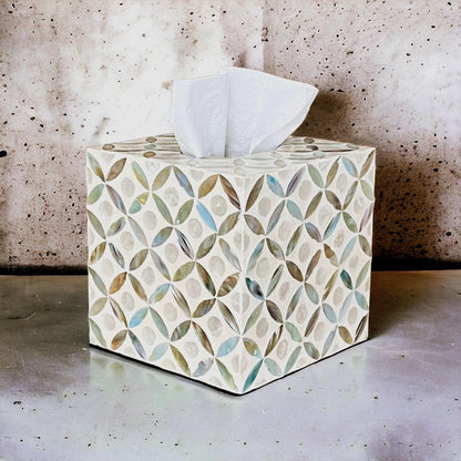 Square Mother of Pearl & Capiz Shell Tissue Box Cover – Ivory Geometric Floral Design