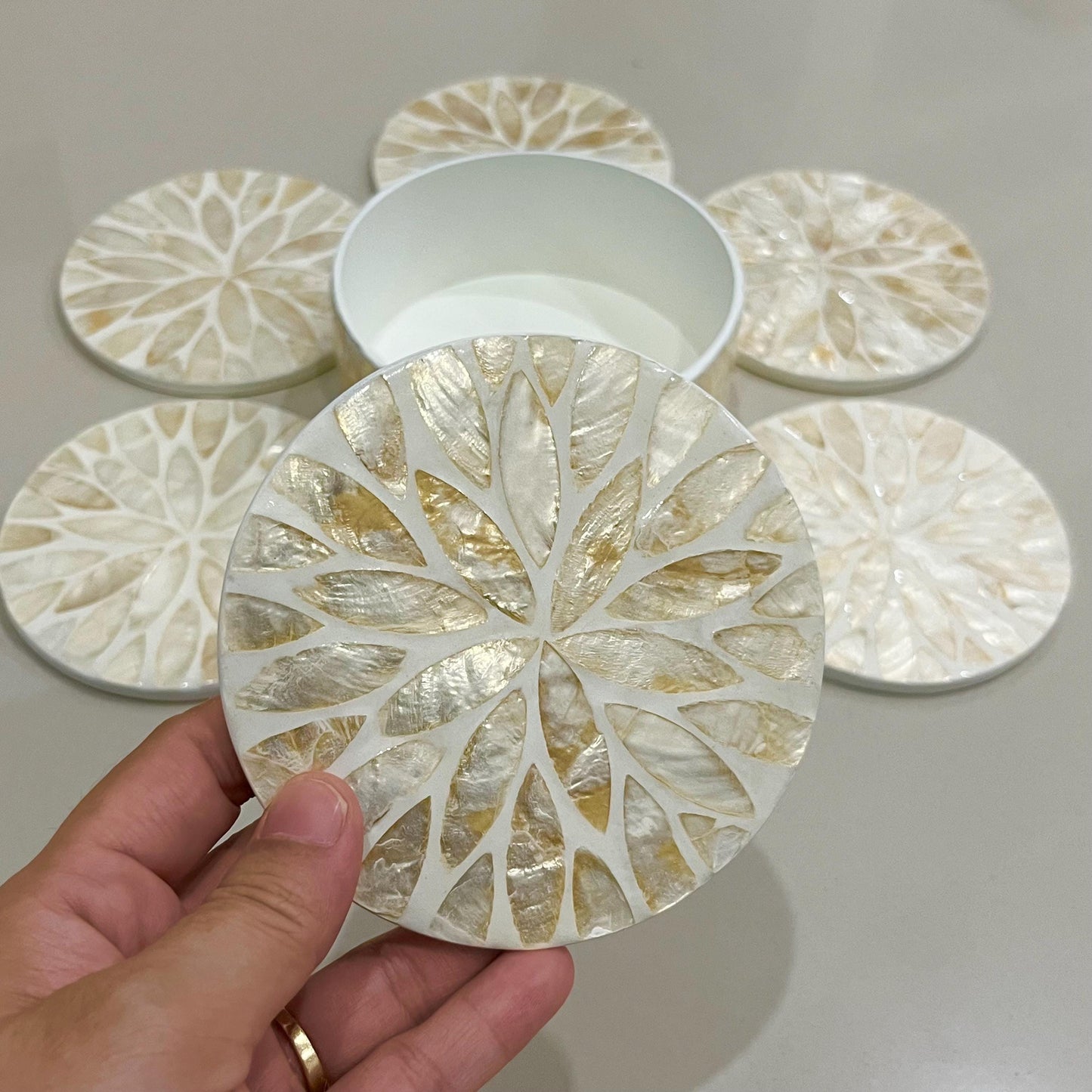 Capiz Shell Coaster Set with Holder – Handmade Beige Leaf Pattern Drink Coasters