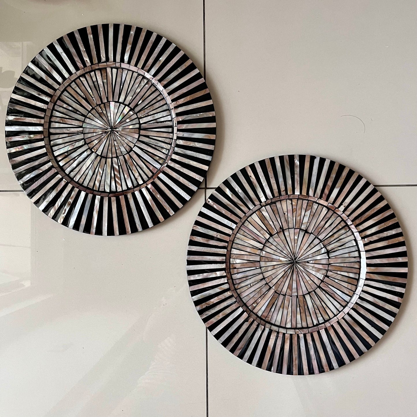 Radial Inlay Black Mother of Pearl Charger Plates Set of 2