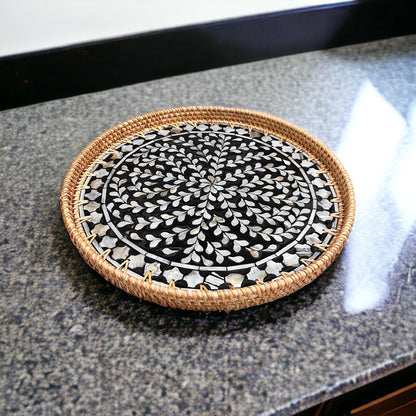 Black & White Mother of Pearl Rattan Tray