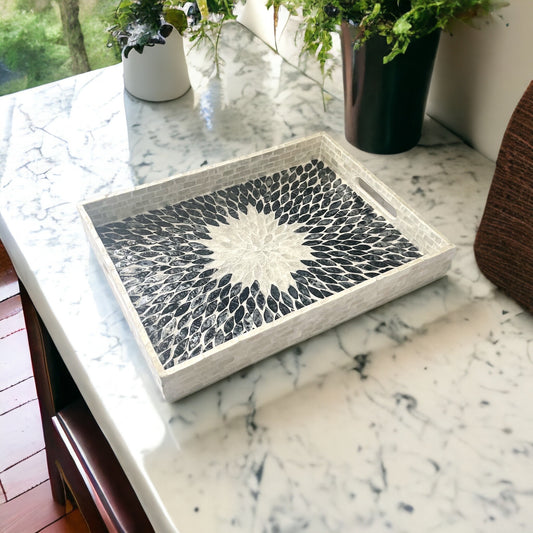 Black & Ivory Capiz Shell Sunburst Inlay Tray
