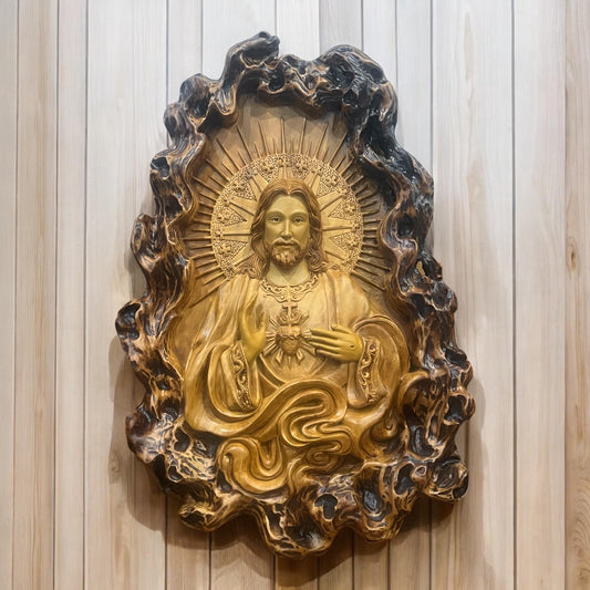 Hand-Carved Sacred Heart of Jesus Wood Carving: Aromatic Catholic Wall Art