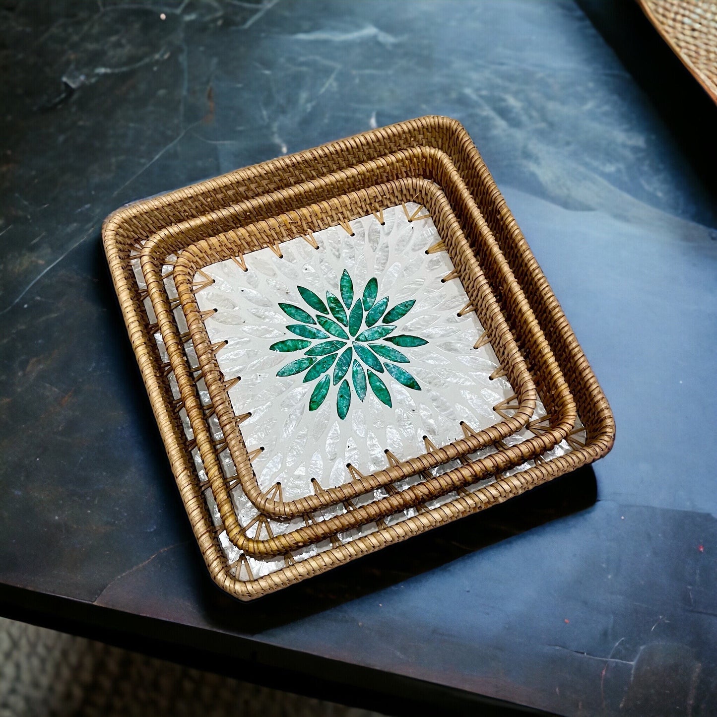 Handwoven Rattan Tray with Capiz Shell Inlay – Square Floral Decorative Serving Tray