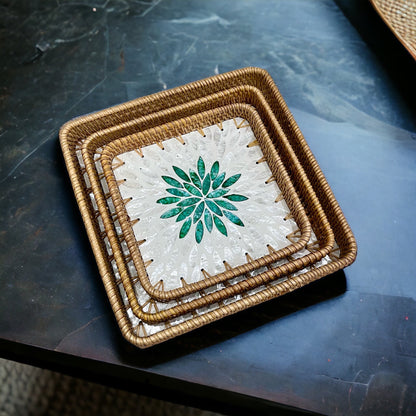 Handwoven Rattan Tray with Capiz Shell Inlay – Square Floral Decorative Serving Tray