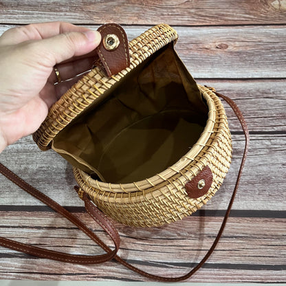 Summer Red Flower Round Rattan Crossbody Bag
