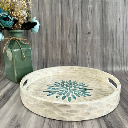 Round Capiz Shell Floral Inlay Tray with Teal Center