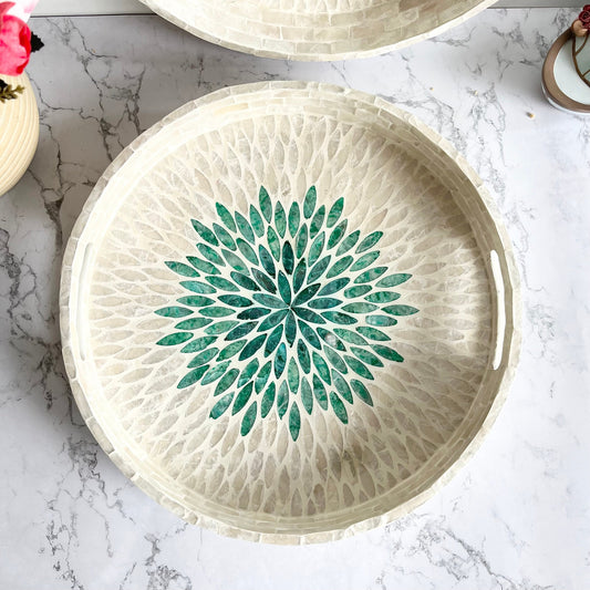 Round Capiz Shell Floral Inlay Tray with Green Center