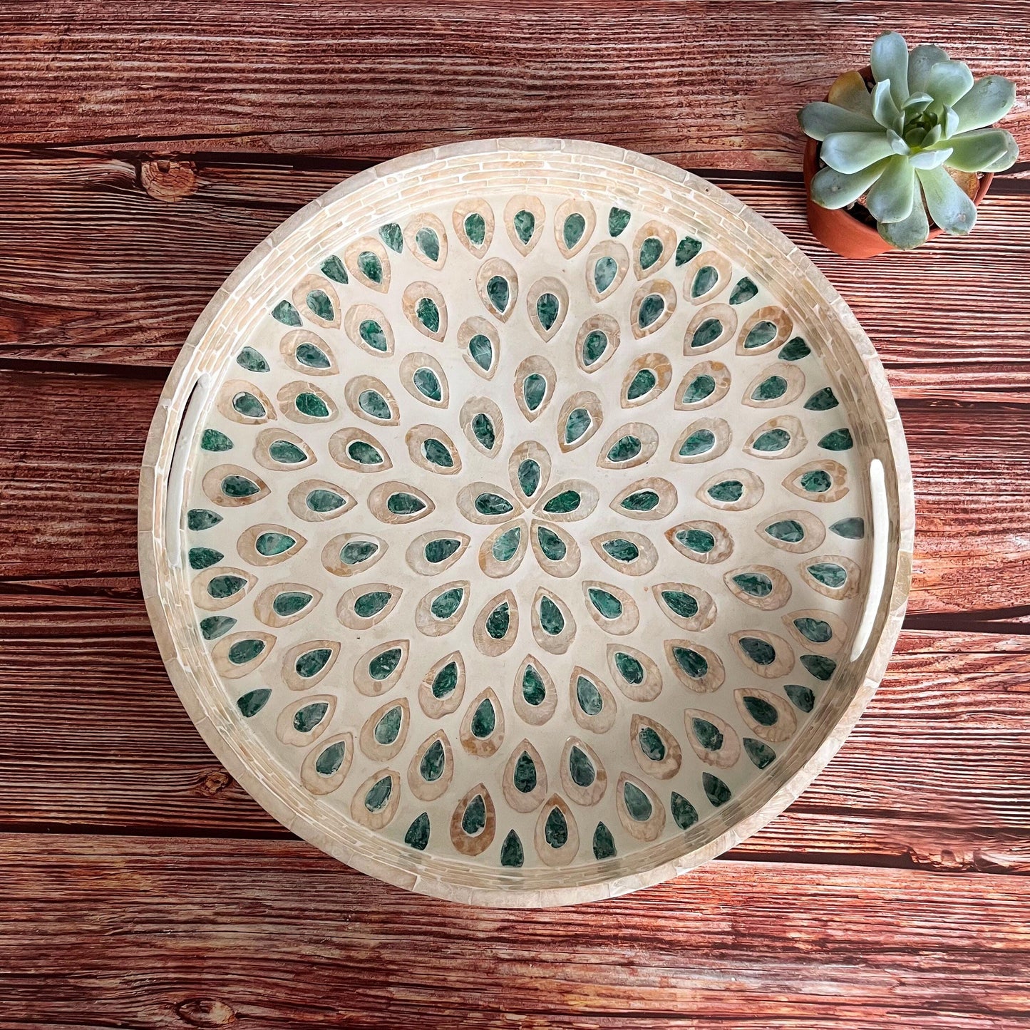 Round Capiz Shell Peacock Feather Inlay Tray