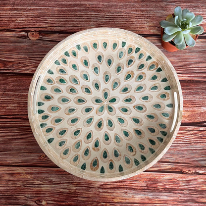 Round Capiz Shell Peacock Feather Inlay Tray