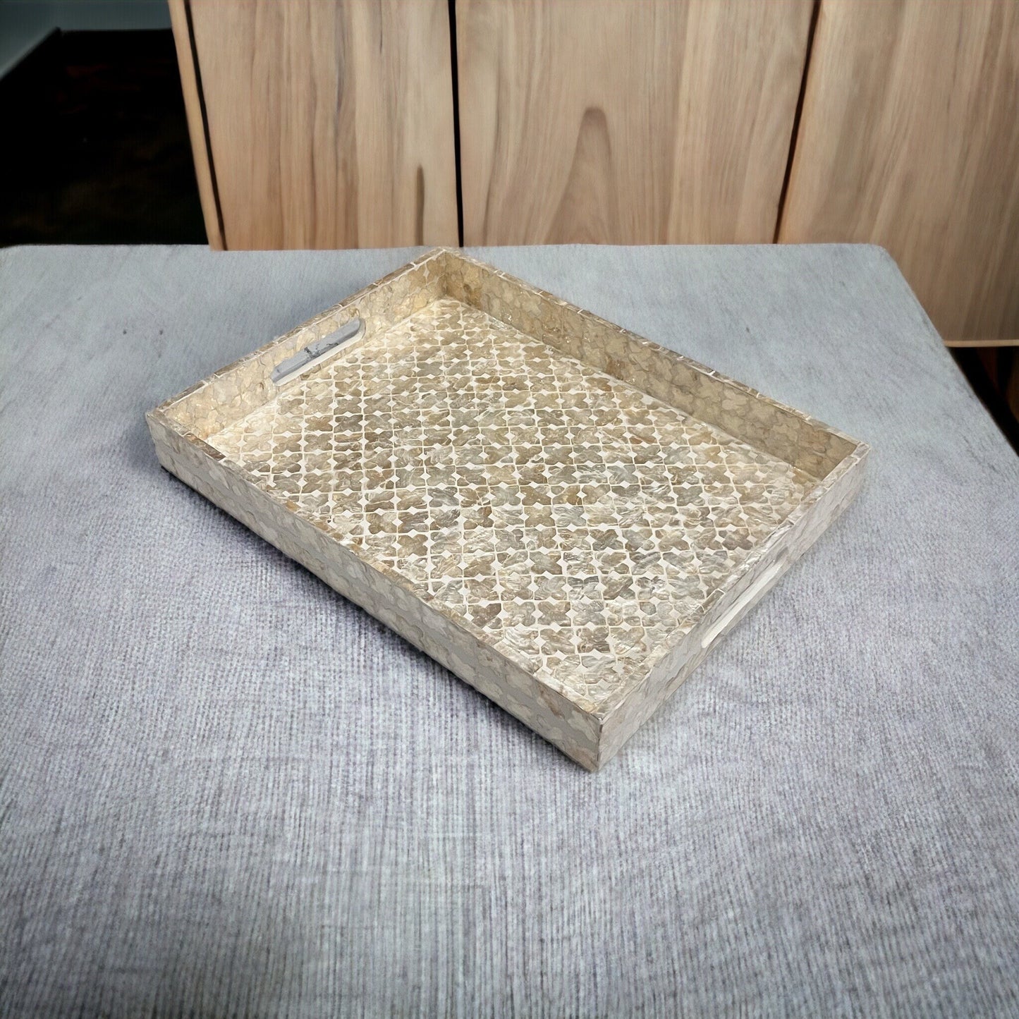 Rectangular Ivory Capiz Shell Mosaic Inlay Tray