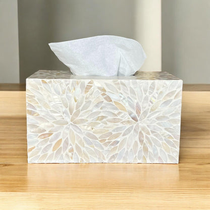 Rectangular Ivory Floral Mother of Pearl Tissue Box Cover