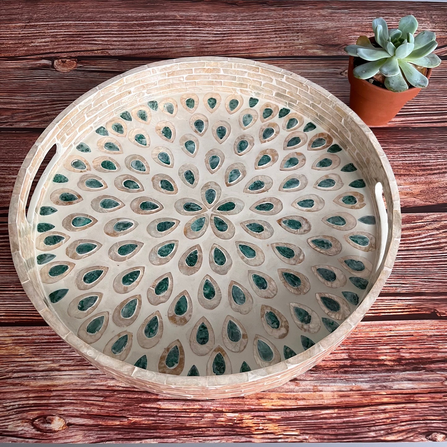Round Capiz Shell Peacock Feather Inlay Tray