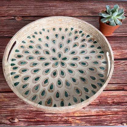 Round Capiz Shell Peacock Feather Inlay Tray