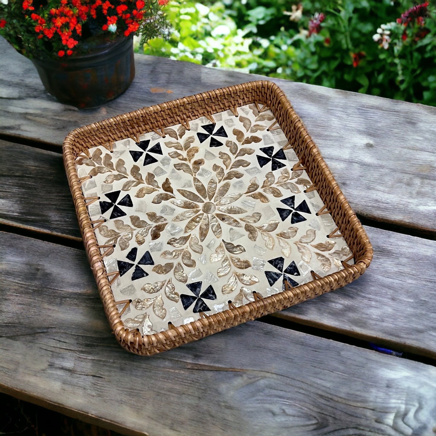 Square Capiz Shell Rattan Tray – Handmade Floral Mosaic Woven Serving Tray