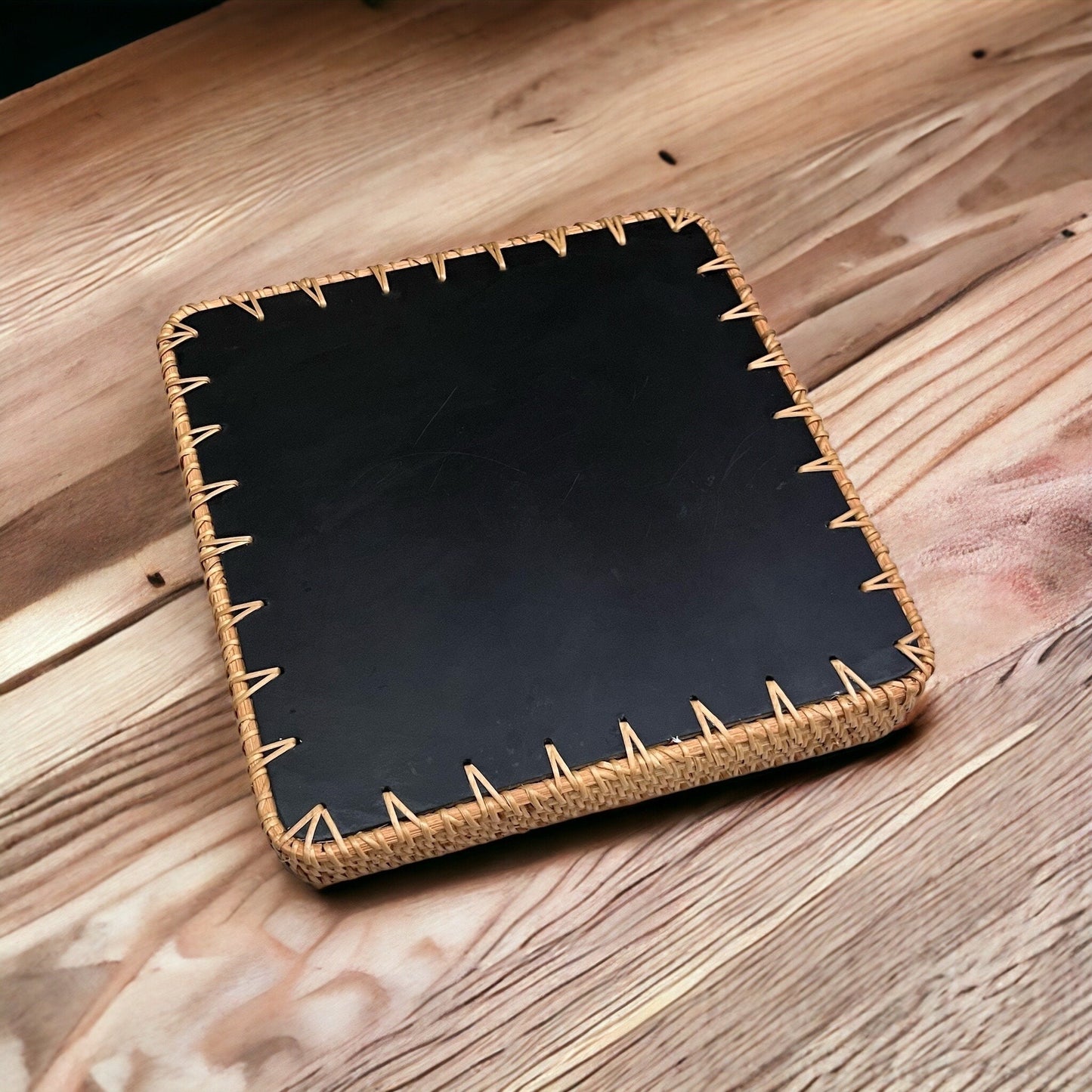 Square Capiz Shell Rattan Tray with Floral Dot Mosaic