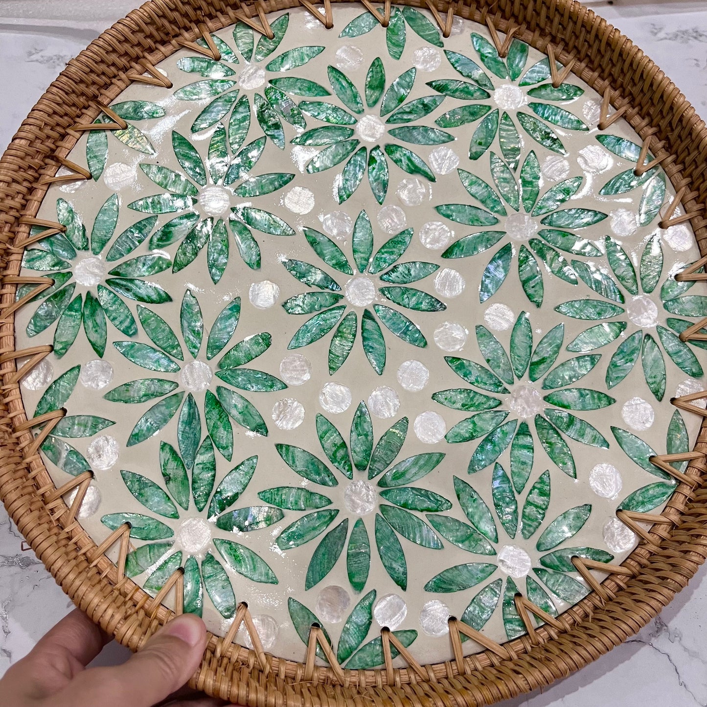 Round Rattan Tray with Green Floral Capiz Shell Inlay