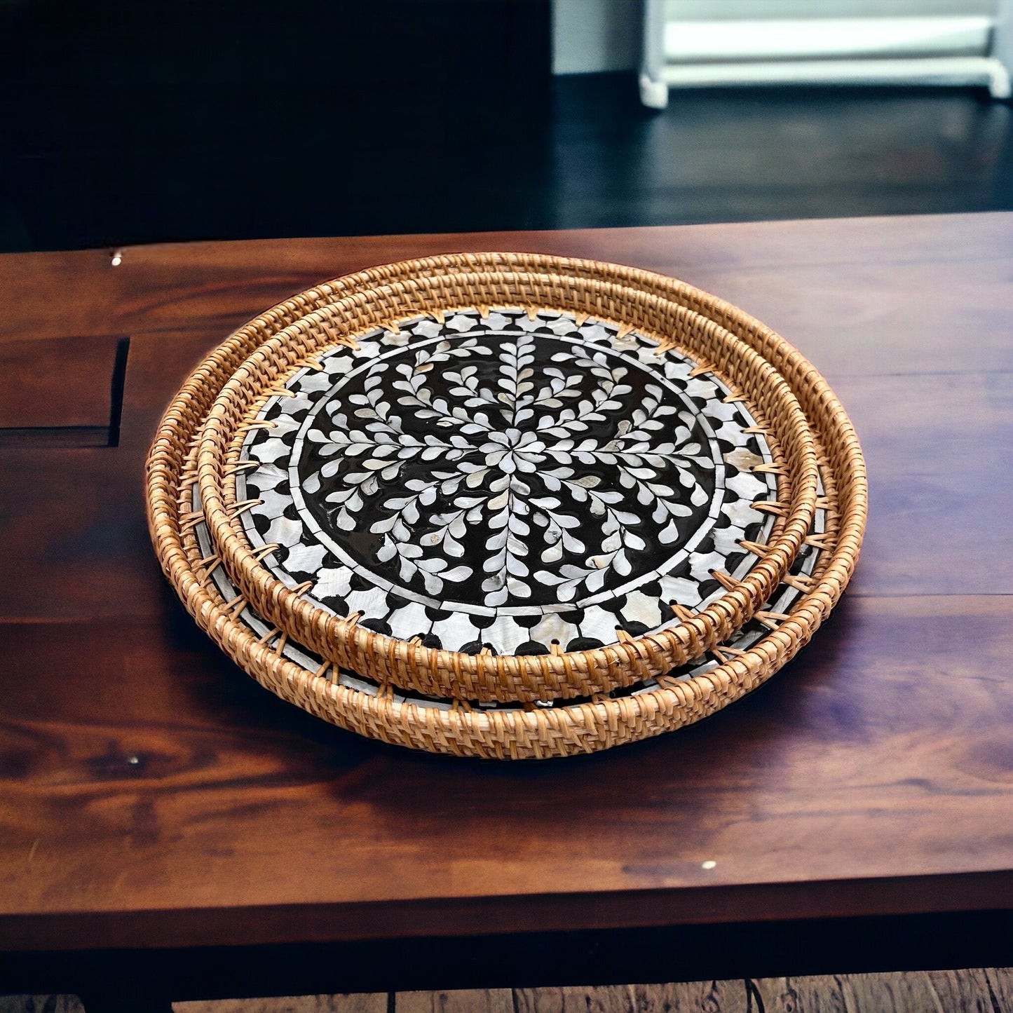 Black & White Mother of Pearl Rattan Tray
