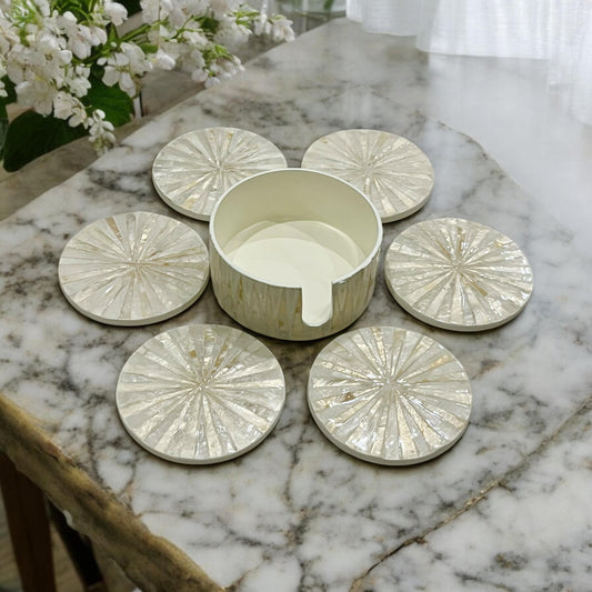 Capiz Shell Coasters with Holder: Sunshine Inlay, Elegant Drinkware Set