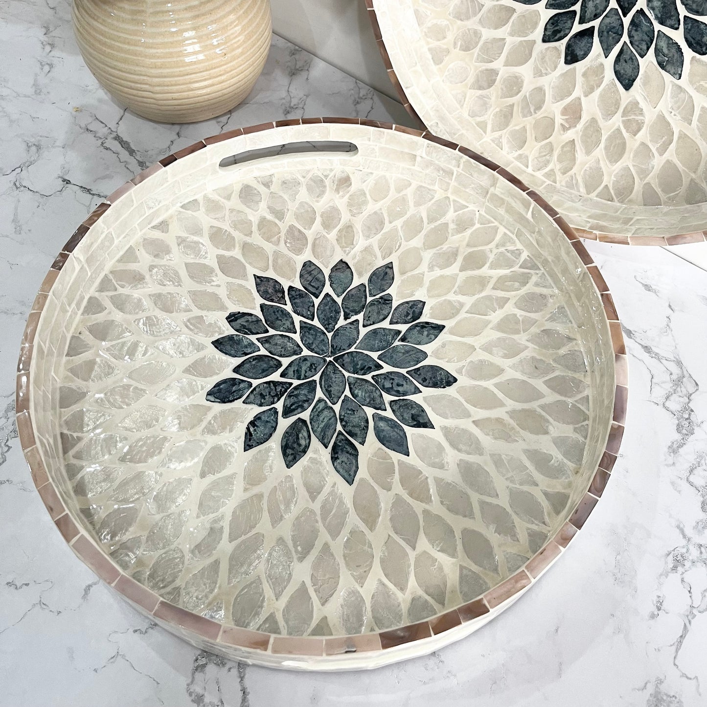 Round Mother of Pearl & Capiz Shell Floral Inlay Tray with Black Center