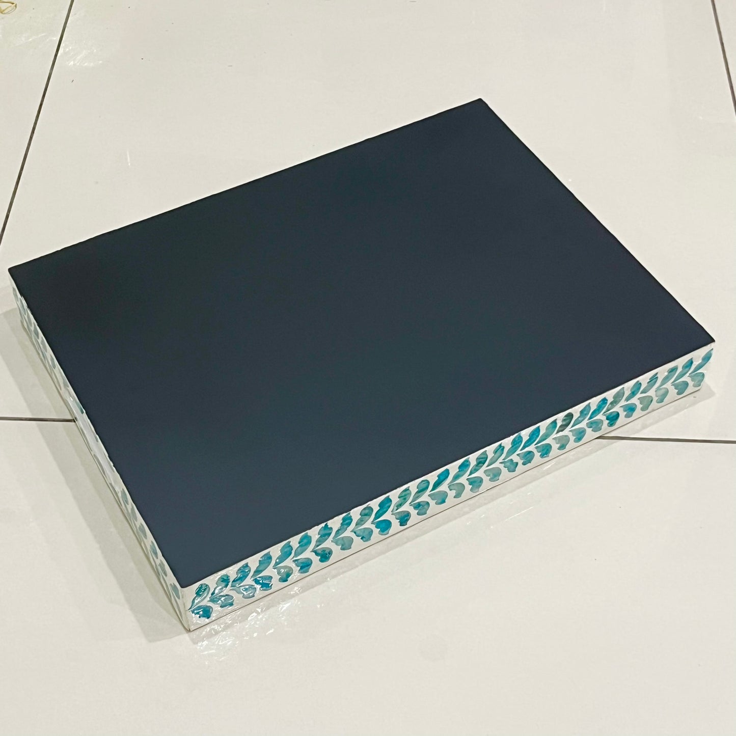 Rectangular Mother of Pearl & Capiz Shell Blue Leaf Inlay Tray