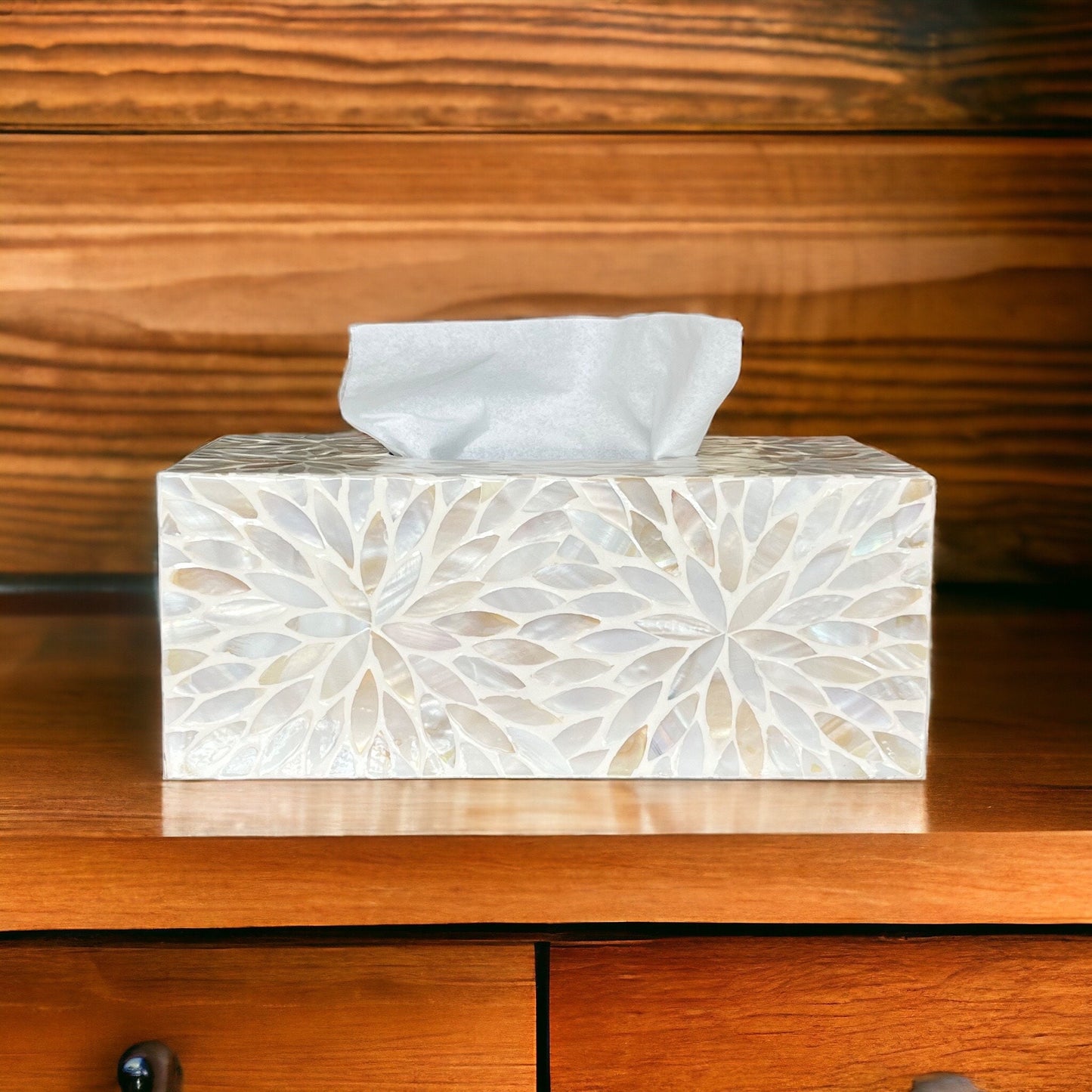 Rectangular Ivory Floral Mother of Pearl Tissue Box Cover