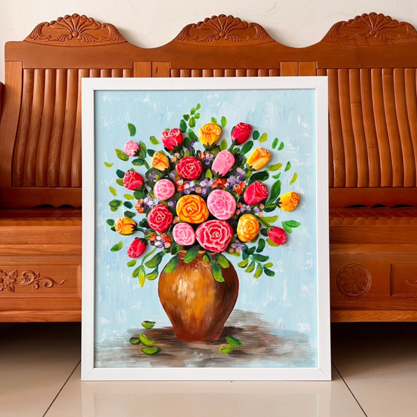 Pebble Art Flower Vase: Handmade Stone Painting, Hanging Wall Art