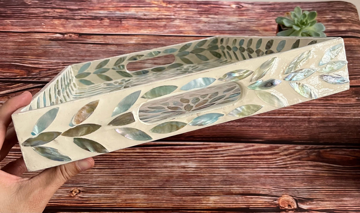 Rectangular Mother of Pearl & Capiz Shell Inlay Tray – Decorative Serving Tray