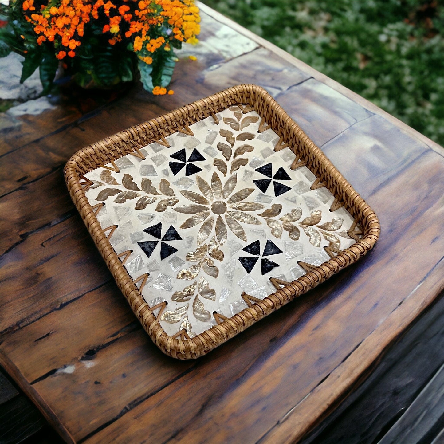 Square Capiz Shell Rattan Tray – Handmade Floral Mosaic Woven Serving Tray