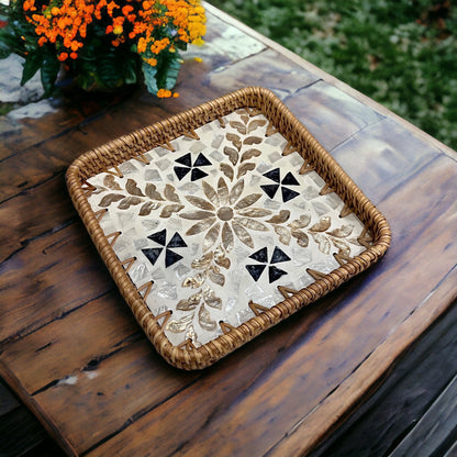 Square Capiz Shell Rattan Tray – Handmade Floral Mosaic Woven Serving Tray