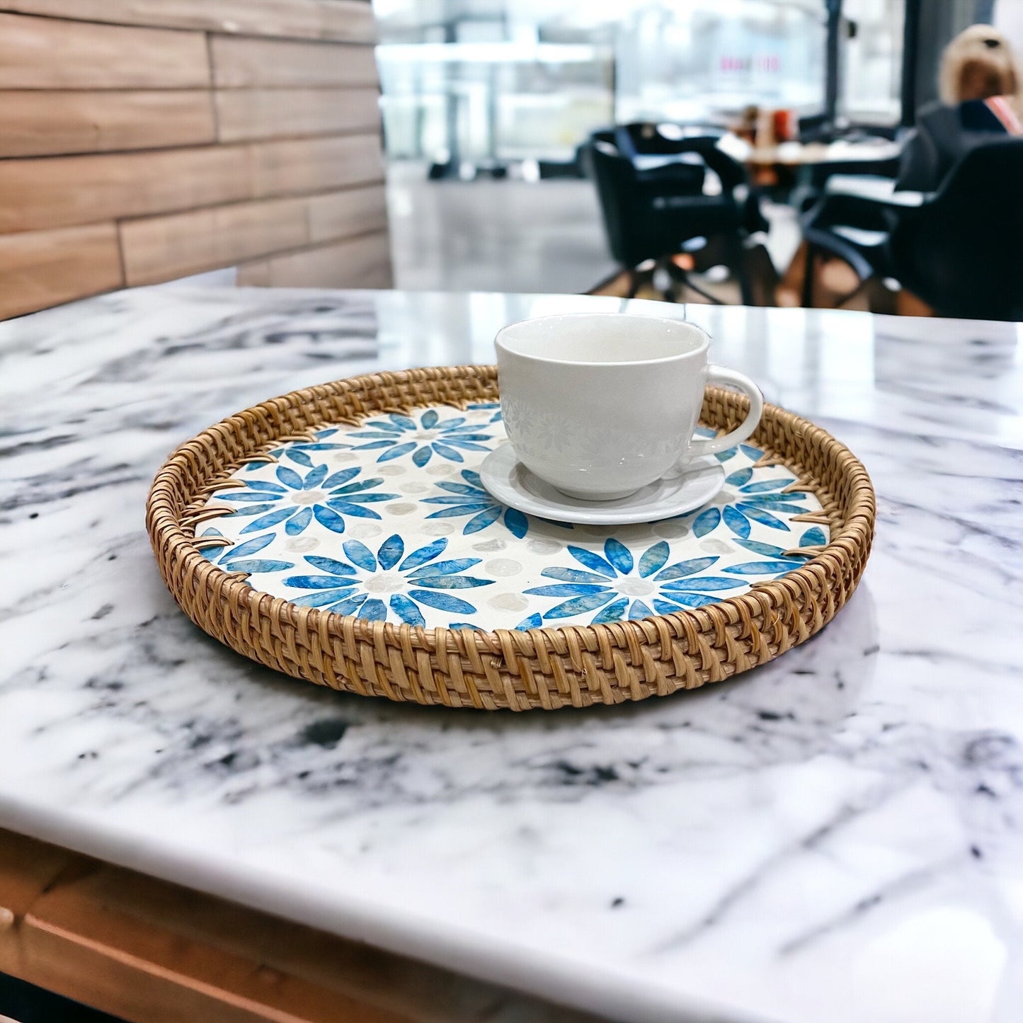 Round Rattan Tray with Blue Capiz Shell Inlay – Handmade Floral Serving Tray