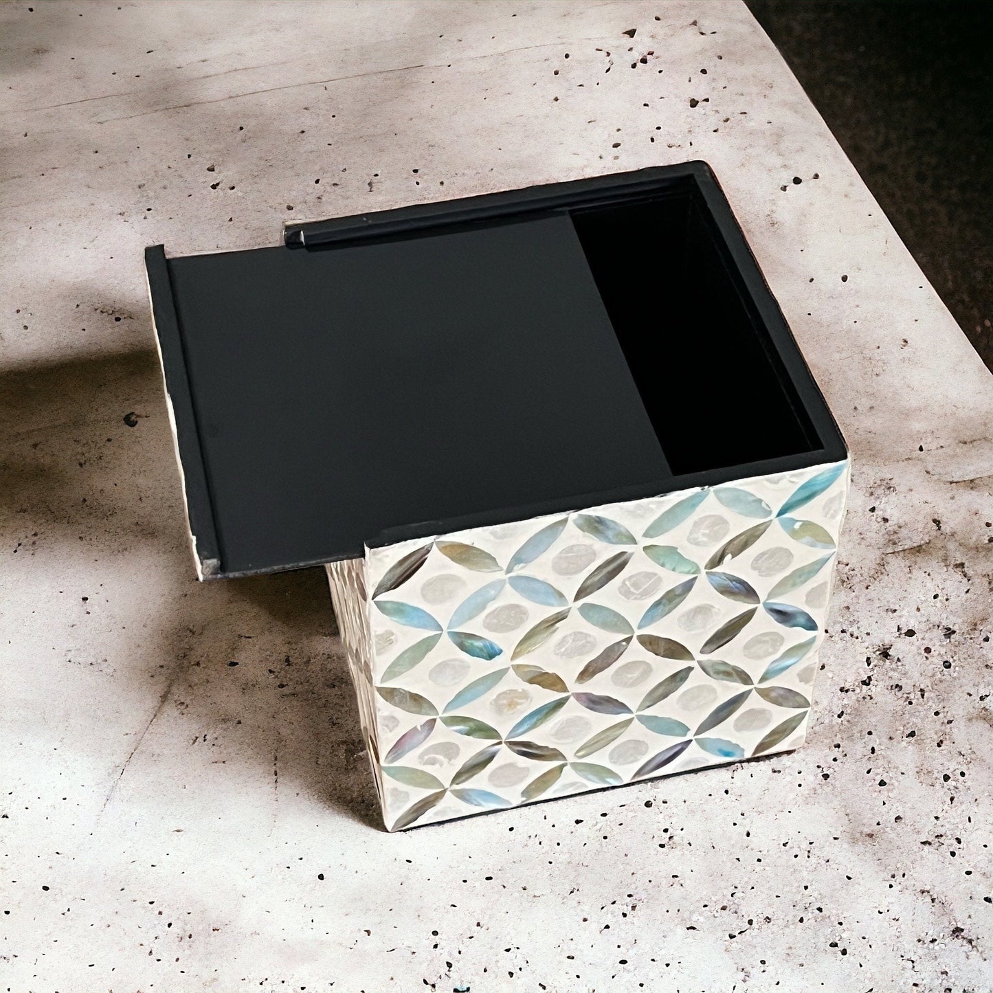 Square Mother of Pearl & Capiz Shell Tissue Box Cover – Ivory Geometric Floral Design