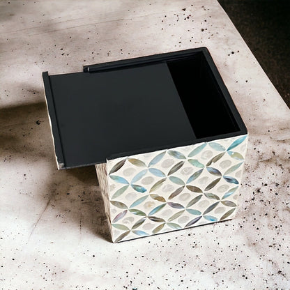 Square Mother of Pearl & Capiz Shell Tissue Box Cover – Ivory Geometric Floral Design