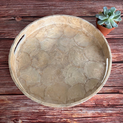 Beige Round Capiz Shell Scallop Inlay Tray