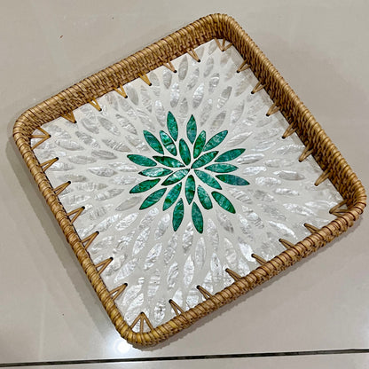 Handwoven Rattan Tray with Capiz Shell Inlay – Square Floral Decorative Serving Tray