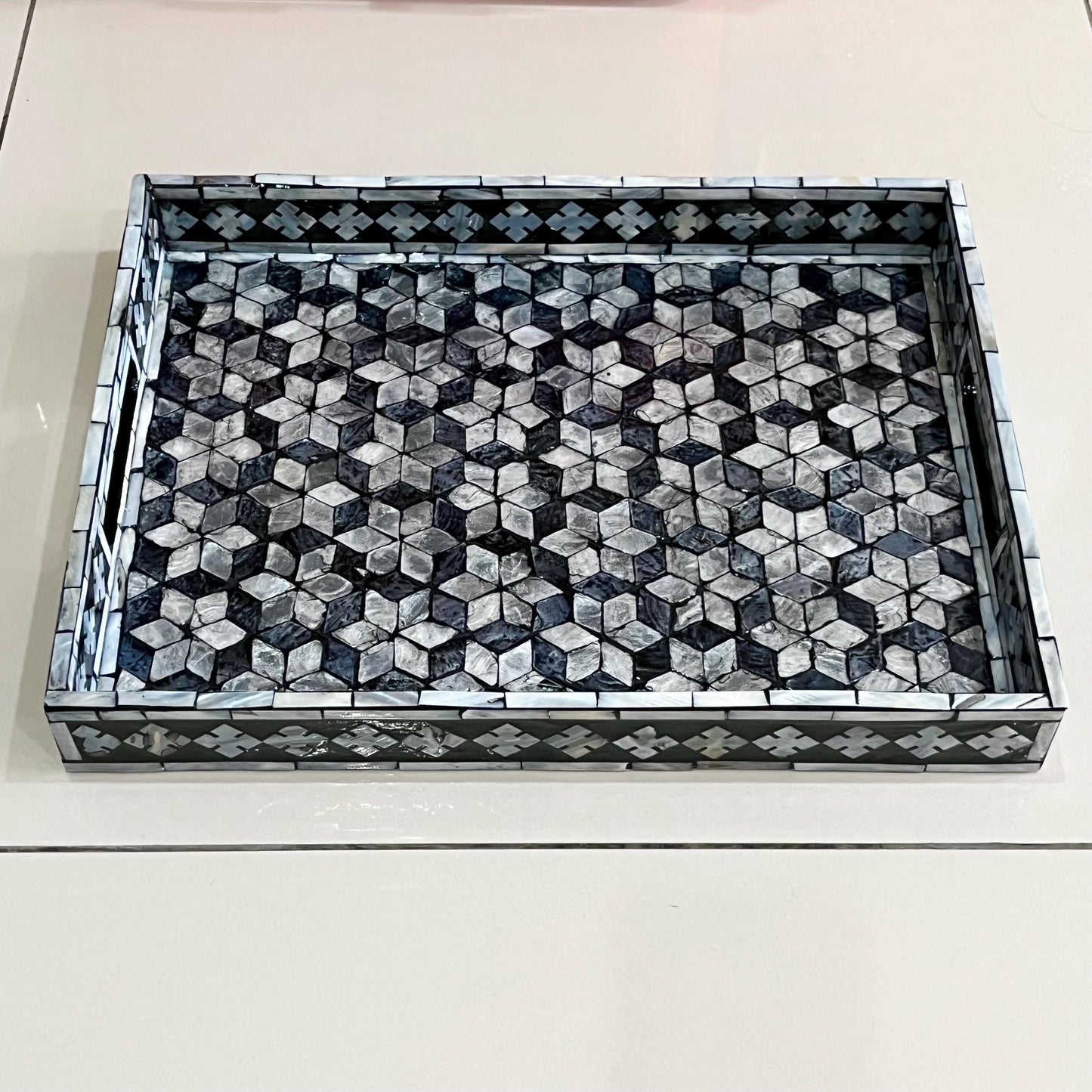 Rectangular Black & White Shell Inlay Tray with Snowflake Pattern