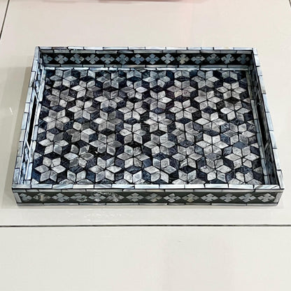 Rectangular Black & White Shell Inlay Tray with Snowflake Pattern
