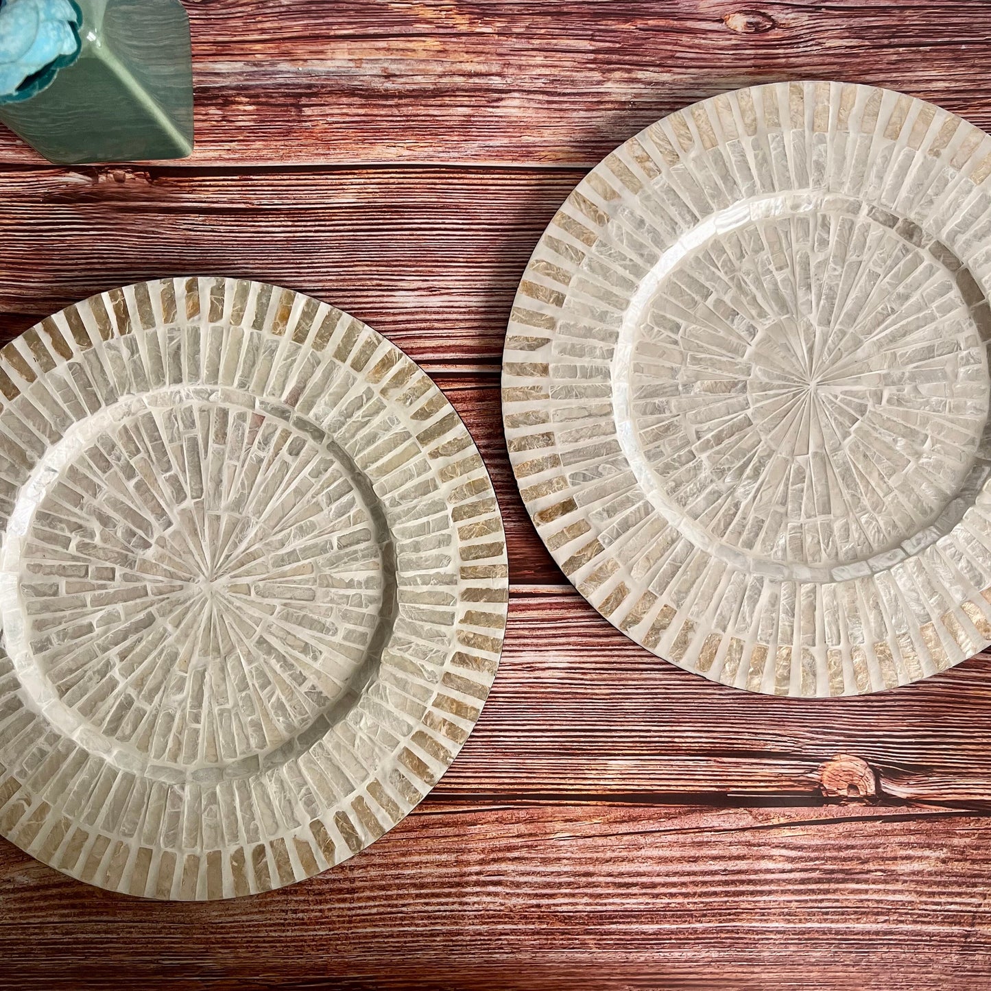 Set of 2 Ivory Capiz Inlay Charger Plates Radial Striped Design