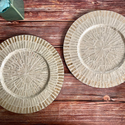 Set of 2 Ivory Capiz Inlay Charger Plates Radial Striped Design
