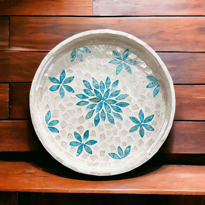 Round Mother of Pearl & Capiz Shell Floral Inlay Tray with Blue Accents