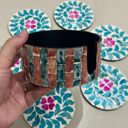 Capiz Shell Coasters Set: Blue Leaves, Pink Flowers, Round Coasters with Holder