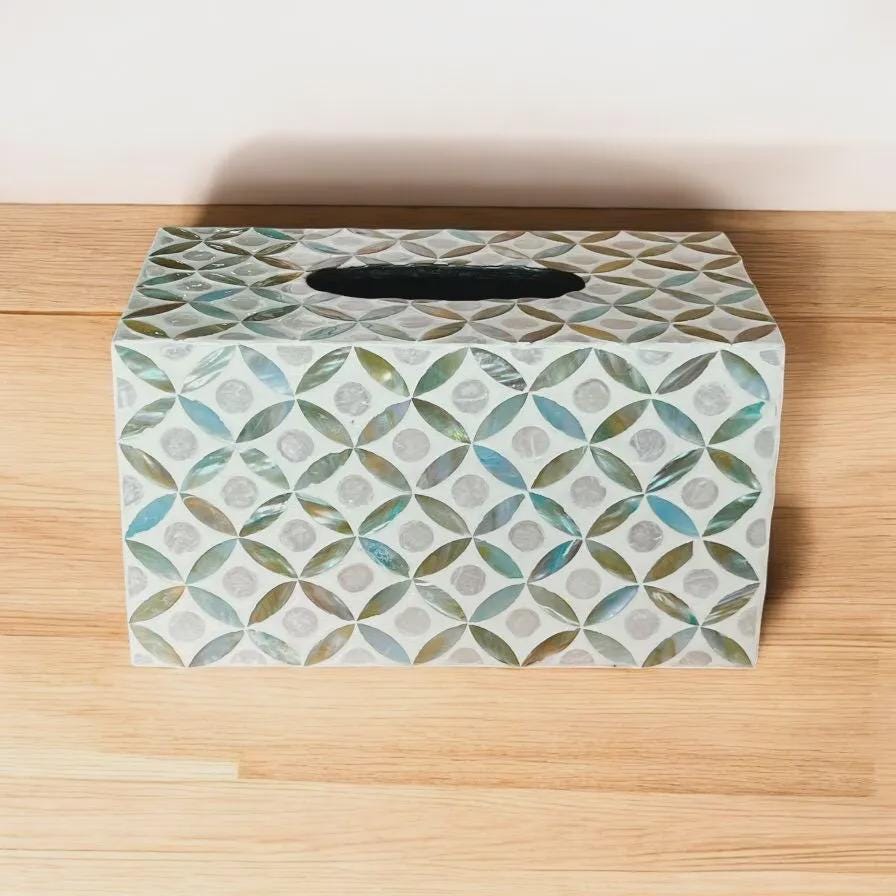Rectangular Mother of Pearl & Capiz Tissue Box Cover – Ivory Geometric Floral Design