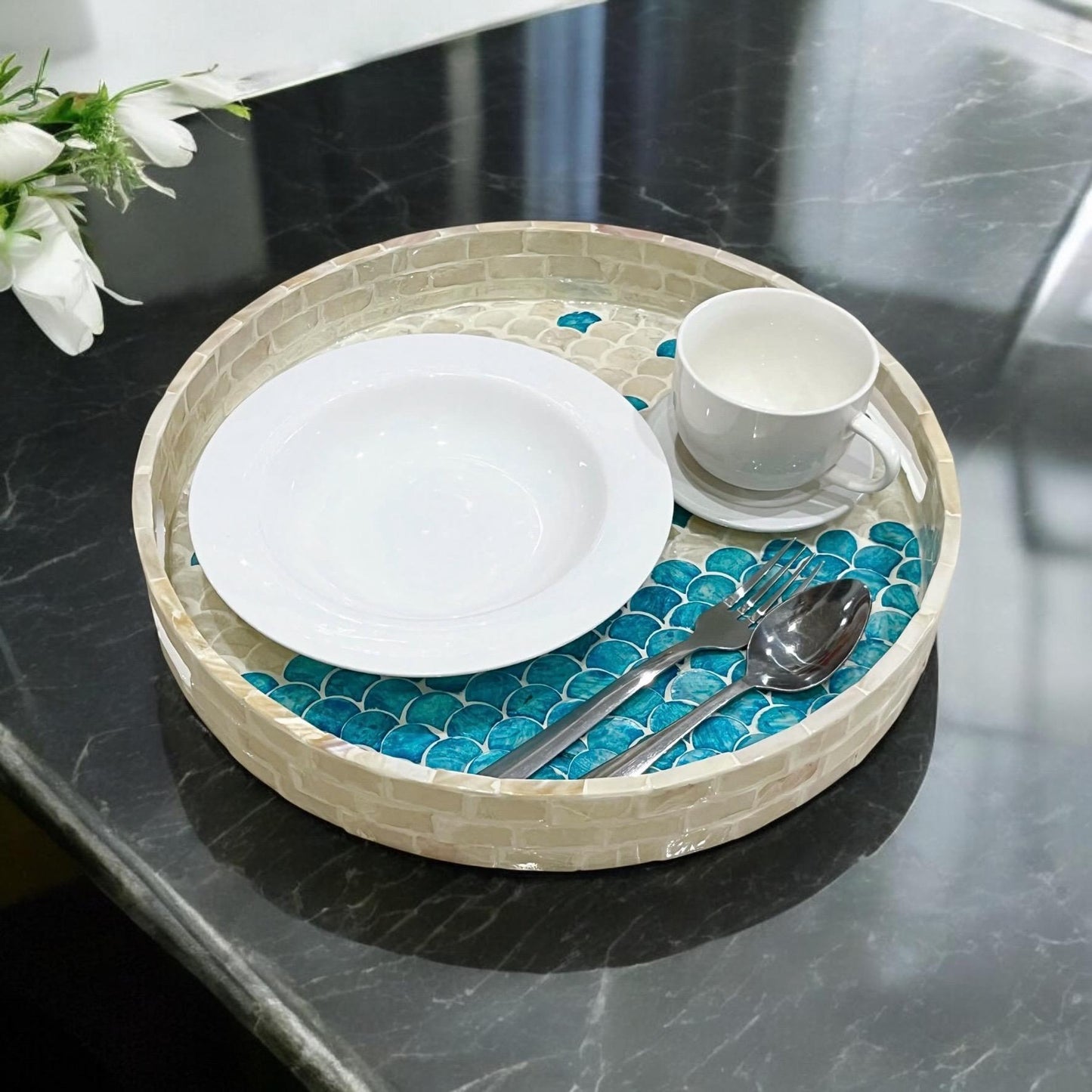 Round Mother of Pearl & Capiz Shell Scallop Inlay Tray in Blue & Ivory