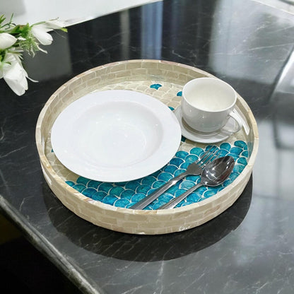 Round Mother of Pearl & Capiz Shell Scallop Inlay Tray in Blue & Ivory
