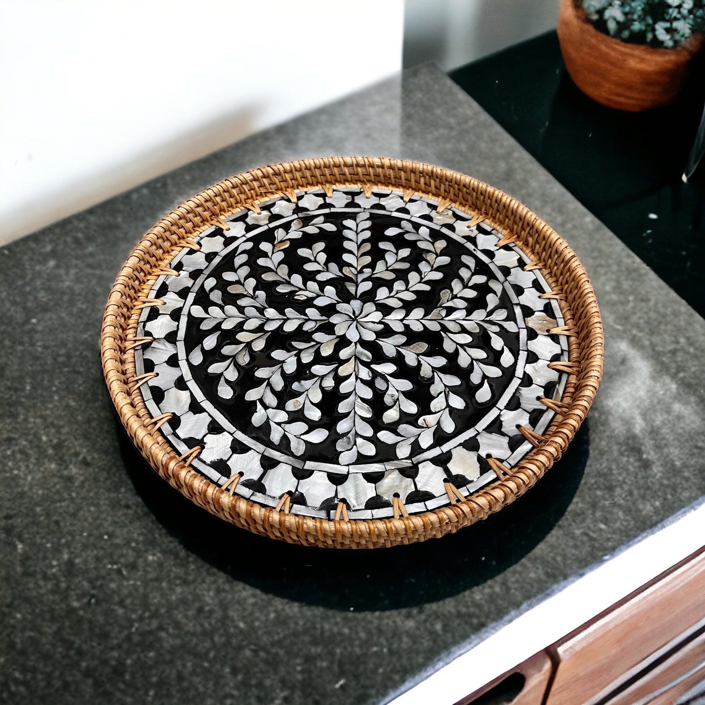 Black & White Mother of Pearl Rattan Tray