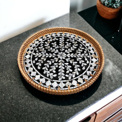 Black & White Mother of Pearl Rattan Tray
