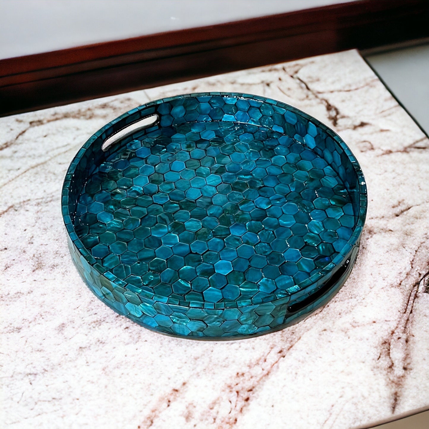 Teal Blue Mother of Pearl Hexagon Inlay Tray