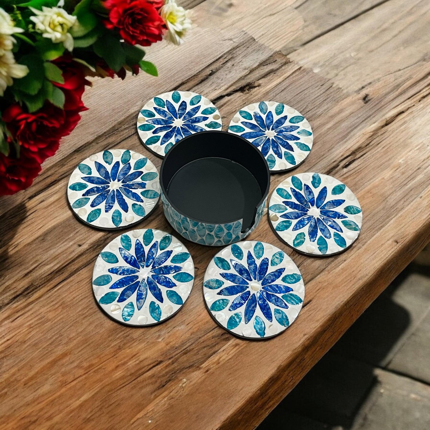 Blue Mother of Pearl Coaster Set with Holder – Handmade Shell Drink Coasters