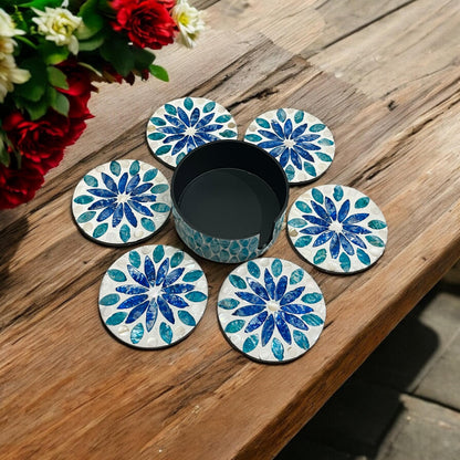 Blue Mother of Pearl Coaster Set with Holder – Handmade Shell Drink Coasters